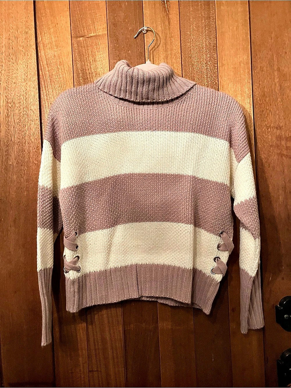 Pink Republic Rose and Cream Striped Lace-Up Turtleneck Sweater